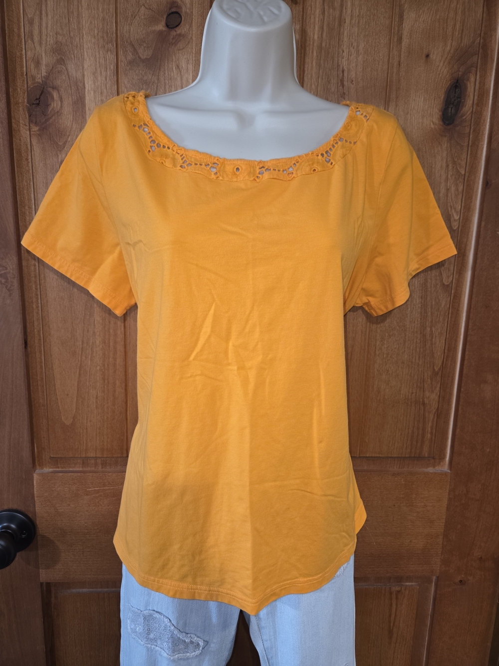 Liz Claiborne Bright Orange Short Sleeve Scoop Neck Top with Crochet Detail